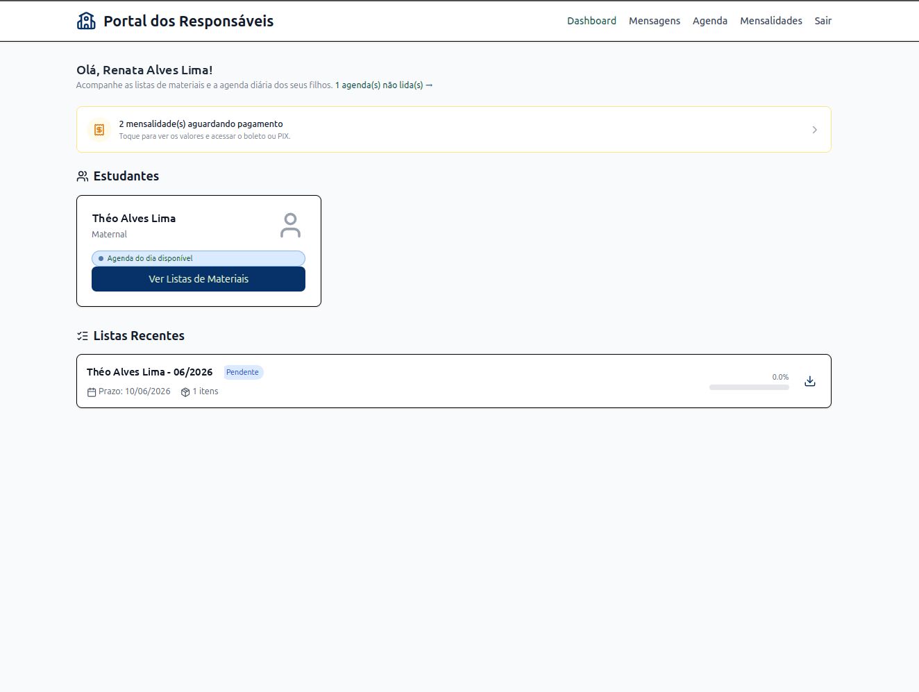 Portal do responsável com agenda, listas e mensalidades